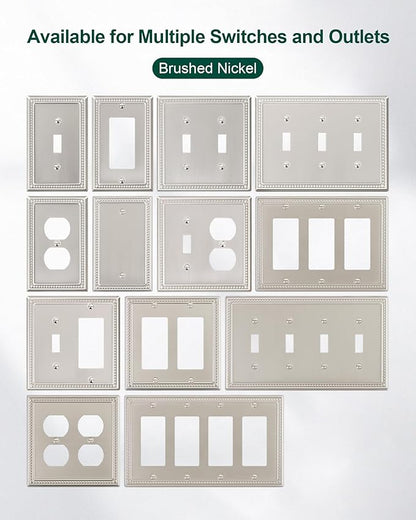 2-Pack Duplex Outlet Cover Plate, Metal Wall Plates for Electrical Outlets, Brushed Nickel 1 Gang Receptacle Cover, Pearls Decorative Switch Plates and Outlet Covers