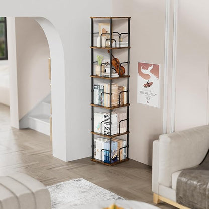 5 Tier Square Rotating Bookshelf, 360 ° Display Stackable Spinning Bookshelf Tower, Space Saving Tall Floor Standing Swivel Bookcase Corner Storage Organizer for Living Room, Rustic Brown, Small Size