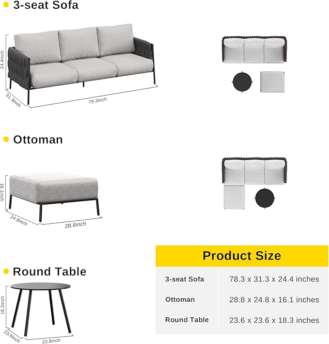 EAST OAK Life Chatter Patio Furniture Set, Outdoor Furniture Sectional Sofa Set with Round Coffee Table, 4 Seats Sofa Deep Seating with Thick & Washable Cushions, Black & Grey