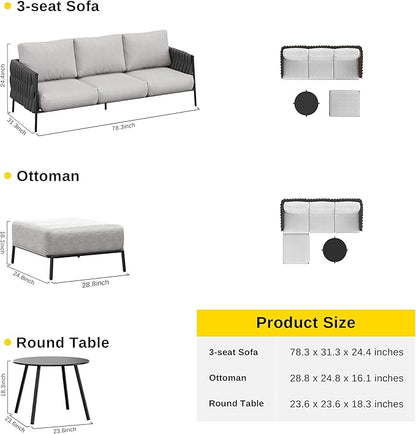 EAST OAK Life Chatter Patio Furniture Set, Outdoor Furniture Sectional Sofa Set with Round Coffee Table, 4 Seats Sofa Deep Seating with Thick & Washable Cushions, Black & Grey