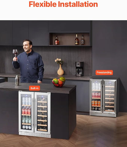 VEVOR Wine and Beverage Refrigerator, 24 in Dual Zone Wine Cooler, Built-in & Freestanding Fridge with Glass Doors, Adjustable Shelves, Digital Temperature Control, 64 Cans and 20 Bottles Capacity