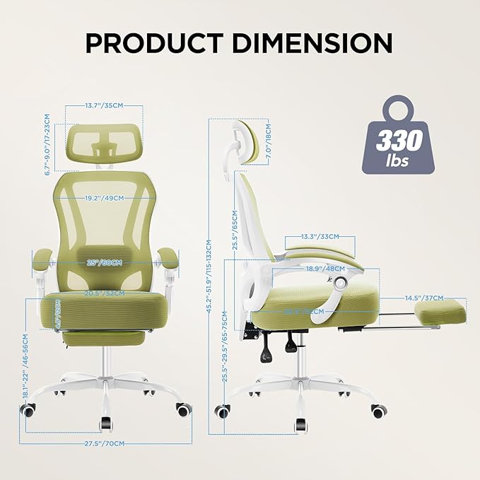 Ergonomic Office Chair with Footrest,Ultra Thick Reclining Office Desk Chair with Adjustable 2D Lumbar Support and Headrest,Spring Cushion,High Back Premium Mesh Computer Chair Office Chairs,Green