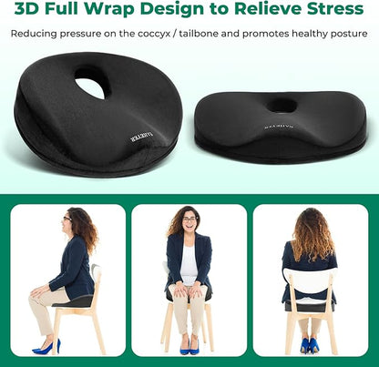 SAHEYER Donut Pillow for Tailbone Pain, Memory Foam Hemorrhoids Pillow for Sciatica Nerve, Sciatica Hip Coccyx Seat Cushion for Long Sitting Office Workers, Car Drivers, Black