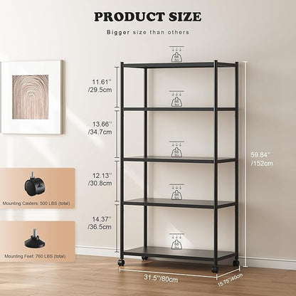 ZZL 5 Tier Large Bookshelf 31.49" Width,Tall Book Shelf Storage and Organization w/Wheels,Industrial Book Shelves for Home Office,Bedroom,School,Living Room(Black)
