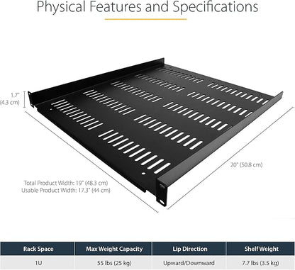 StarTech.com 1U Server Rack Shelf - Universal Vented Rack Mount Cantilever Tray for 19" Network Equipment Rack & Cabinet - Durable Design - Weight Capacity 55lb/25kg - 20" Deep (SHELF-1U-20-FIXED-V)