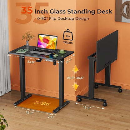 Glass Standing Desk，35inch Whole Piece Rolling Sit Stand Table with Wheels，90° Tiltable Mobile Rising Height Adjustable，Foldable Top Suit for Small Laptop，Black