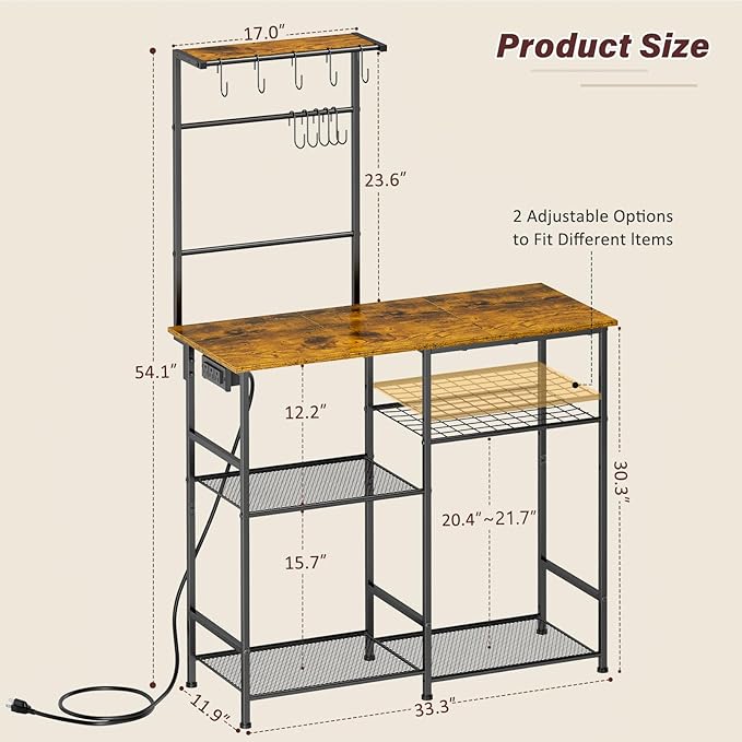 Bakers Rack with Power Outlet, Kitchen Microwave Stand with 10 S-shaped Hooks, 6-Tier Coffee Bar Station, Kitchen Storage Shelf Rack for Spices, Pots, Rustic Brown