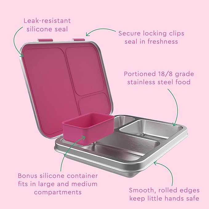 Bentgo Kids Stainless Steel Leak-Resistant Lunch Box - 3-Compartments with Bonus Silicone Container, Durable, Eco-Friendly, Dishwasher Safe, BPA-Free, Ideal for School, Ages 3+ (Fuchsia)