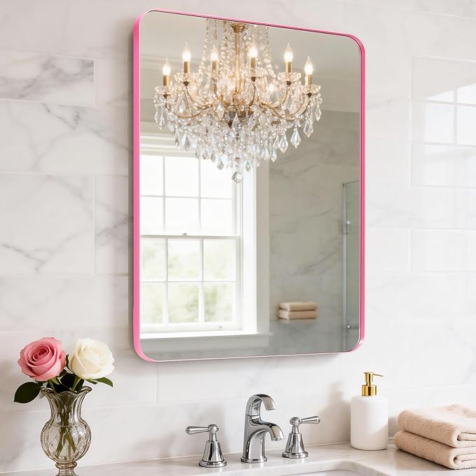 18 x 24 Inch Pink Bathroom Mirror Wall Mounted, Matte Aluminum Alloy Frame with Rounded Corners, Shatterproof Tempered Glass, Anti-Rust HD Vanity Mirror for Bathroom, Bedroom, Entryway