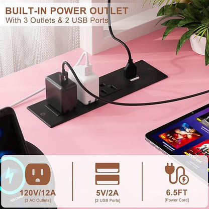 Aheaplus L Shaped Desk Gaming Desk, 59" L Shaped Computer Desk with LED Light & Power Outlet, Reversible Home Office Desk Gamer Desks with Shelves & Storage Bag & Hooks, Corner PC Desk, Pink