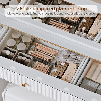 Fluted Makeup Vanity Desk with 46" HD Lighted Mirror,Big Modern Vanity Desk with Mirror and 12 LED Lights, Dressing Table with 11 Drawers, Glass Top for Bedroom,White