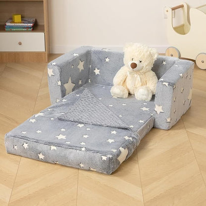ALIMORDEN Fold Out Toddler Couch, Extra Wide Comfy 2-in-1 Cuddly Sherpa Sofa for Kids, with Removable Baby Friendly Blanket, Convertible Sofa to Bed, Star