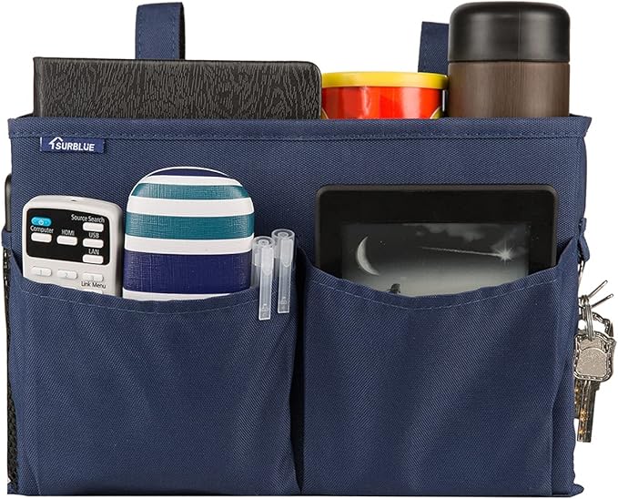 Surblue Bedside Caddy Hanging Organizer Storage Bag Pocket for Bunk, Hospital, College Dorm Rooms, Baby Bed Rails, Camp - 4 Pockets, 2 Hooks (Blue)
