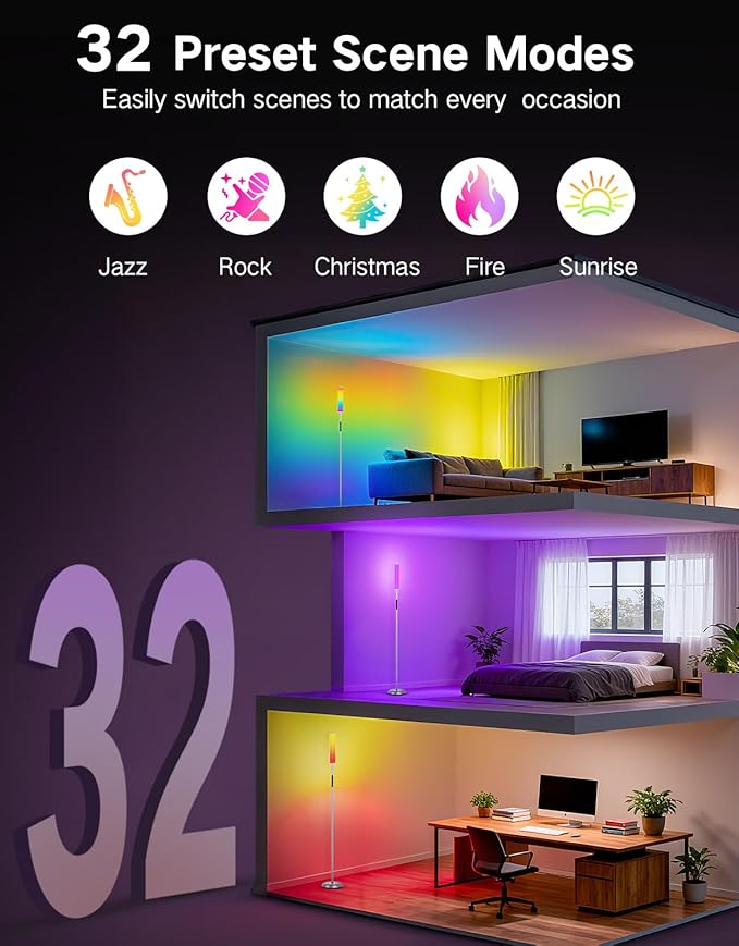 OUTON Bright LED Floor Lamp with Remote, Touch & APP Control, 1500LM 65" Tall Smart Standing Lamp, Color Changing Ambient Lighting, Music Sync, Modern Corner Lamps for Living Room, Bedroom, Black