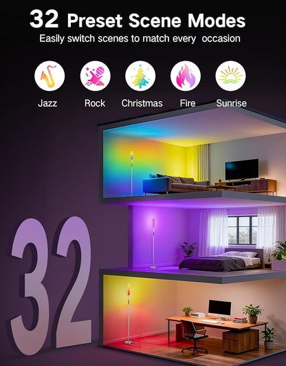 OUTON Bright LED Floor Lamp with Remote, Touch & APP Control, 1500LM 65" Tall Smart Standing Lamp, Color Changing Ambient Lighting, Music Sync, Modern Corner Lamps for Living Room, Bedroom, Black