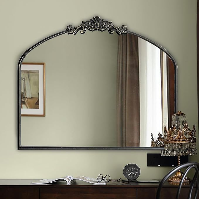 WAMIRRO Ornate Black Mirror,Vintage Arched Baroque Antique Mirorrs for Living Room Hallway Fireplace Bathroom Entryway 36"X30"