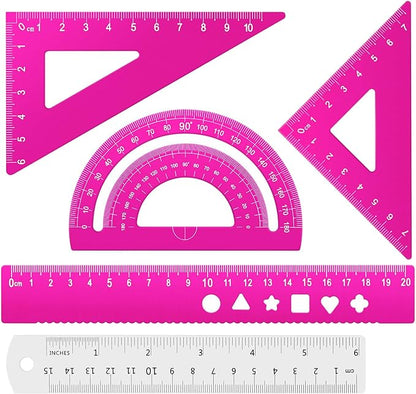 Honagu Triangular Ruler Set, 4+1Pieces Aluminum Alloy Ruler, Metal Drafting Ruler, Geometric Protractor for Students, School Office Supplies (Pink, 20cm)