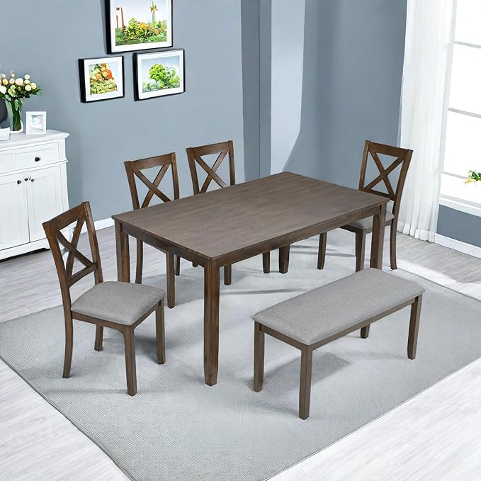 Dining Table Set, 6-Piece Modern Rectangular Dining Table & Chair Set with 4 Upholstered X-Shaped Backrest Chairs and a Bench, Walnut