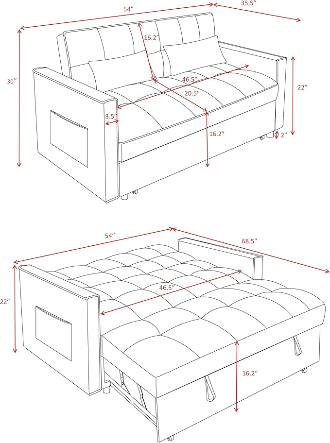 3 in1 Sofa Bed, Pull-Out Sleeper Sofa Bed with 3-Level Adjustable Backrest, Velvet Fabric Convertible Love Seat Sleepers Beds for Living Room & Bedroom & Apartment, Blue