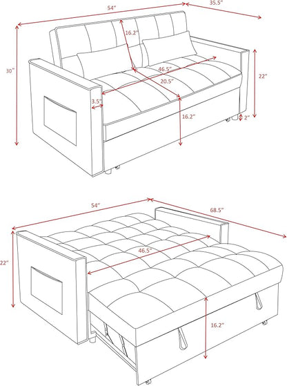 3 in1 Sofa Bed, Pull-Out Sleeper Sofa Bed with 3-Level Adjustable Backrest, Velvet Fabric Convertible Love Seat Sleepers Beds for Living Room & Bedroom & Apartment, Grey