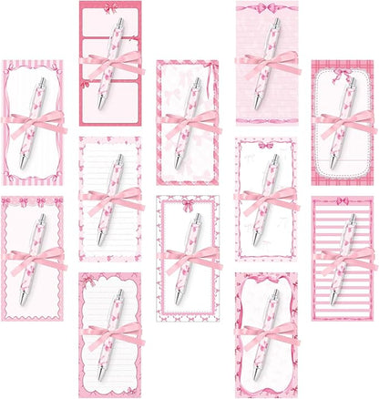 Tellingyou 30 Pcs Pink Bow Sticky Notes with Pens, Cute Memo Pads with Ribbons, 3.9x7.8 Inch to Do List Notepad Set, Bulk Pink Stationery Gifts for Women Coworker Office Supplies Bridal Shower Favors