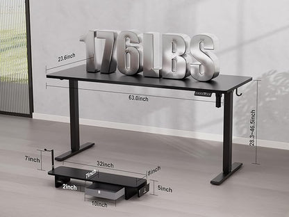 63x24 Inches Electric Standing Desk with Drawer and Monitor Stand, Height Adjustable Sit to Stand up Desk for Home Office, Ergonomic Computer Table with Phone Holder, 3 Hooks, Black