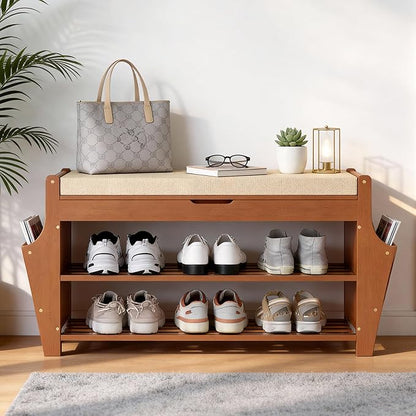 34.3in Shoe Bench, Bamboo 3-Tier Entryway Bench with Storage, Shoe Rack Organizer Holds Up to 330 lb, 34.3 x 11.8 x 18.9 Inches for Entryway Bedroom Closet Living Room Hallway