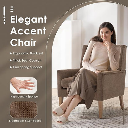 COLAMY Modern Wingback Living Room Chair Set of 2, Upholstered Fabric Accent Armchair, Single Sofa Chair with Lounge Seat and Wood Legs for Bedroom/Office/Reading Spaces, Brown