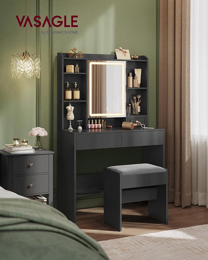 VASAGLE Vanity Desk with Power Outlets, Makeup Vanity with Mirror and Lights, Upholstered Vanity Stool, Dimmable LED Lights, 6 Compartments, 2 Drawers, for Bedroom, Ink Black URDT031B01
