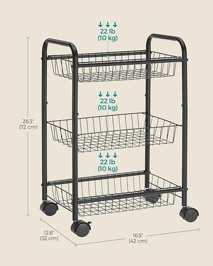 SONGMICS 3-Tier Metal Rolling Cart on Wheels with Baskets, Lockable Utility Trolley with Handles for Kitchen Bathroom Closet, Storage with Removable Shelves, Black UBSC03BK