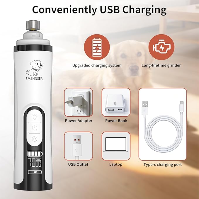YFL Dog Nail Grinder with LED Light, Super Quiet 2-Speed Electric Pet Nail Trimmer, Professional Rechargeable Dog Nail Clippers for Large Medium Small Dogs & Cats