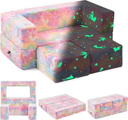 Modular Kids Couch, Glow in The Dark Sofa 3 in 1 Fold Out Kids Sofa with Washable and Durable Covers for Boys, Rainbow Unicorn
