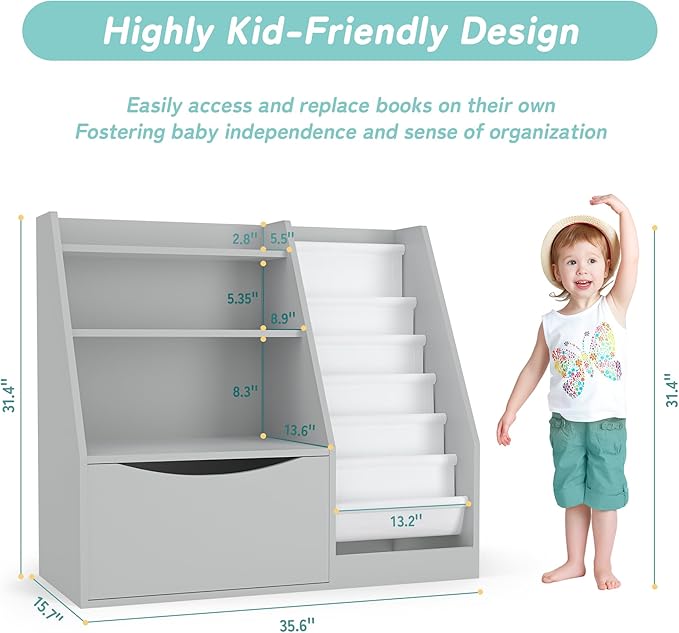 TOETOL Kids Bookshelf & Book Storage,3 Tier Wooden Toddler Bookshelf for Children,Nursery Book Shelves with 6 Sling,Organizer & Book Shelf for Kids Rooms,Bedroom,Playroom Gary