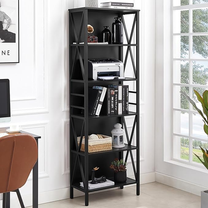 HOMISSUE Tall Bookshelf, 6-Tier Book Shelf, Rustic Wood Metal Bookshelves and Bookcases, Freestanding and Industrial Open Bookcase for Home Office, Living Room and Bedroom, Black