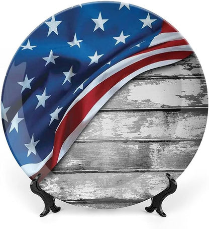 Ceramic Plates, American Flag Decor Decorative Ceramic Plates, Flag Over Antique Rustic Rippled Board, 8 Inch, for Dining, Parties, Wedding, Grey Navy