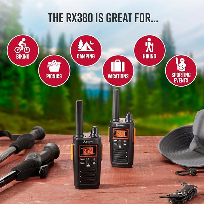 Cobra RX380 Walkie Talkies (2-Pack) – Weather Resistant Two Way Radios Long Range, 40 Pre-Programmed Channels, Weather Alerts, LED Flashlight, Long-Life NiMH Batteries (Black)