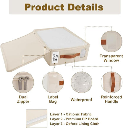 Bed Sheet Organizer 4 Pack - No Insects Entry Sheet Organizers and Storage with Zipper, Label, Handle, Window, Linen Closet Organizers and Storage for Sheet Set, Clothing, Duvet Covers, Blanket