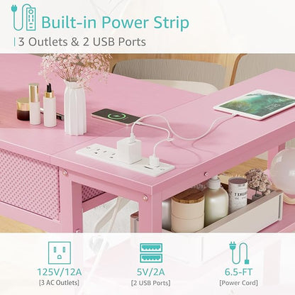 DLisiting Pink Reversible L Shaped Desk with Drawers and Shelves, Small Kids Study Vanity PC Computer Desk with Storage for Girls, Corner L-Shaped Desks for Small Space Bedroom