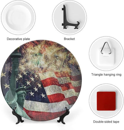 Ceramic Display Plate, American Flag Ceramic Hanging Decorative Plate, Fireworks 4th of July, 10 Inch, Living Room Kitchen Decoration Household, Multicolor