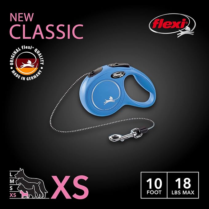 FLEXI New Classic Extra Small Cord Retractable Dog Leash for Small Dogs up to 18 lbs. – 10 ft., Blue | Tangle-Free Pet Walking Leash with One-Handed Brake, Pause, Lock | German Quality Product