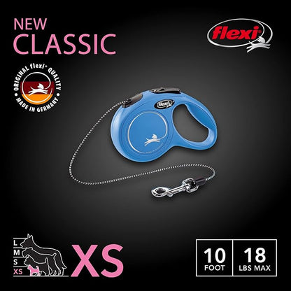 FLEXI New Classic Extra Small Cord Retractable Dog Leash for Small Dogs up to 18 lbs. – 10 ft., Blue | Tangle-Free Pet Walking Leash with One-Handed Brake, Pause, Lock | German Quality Product