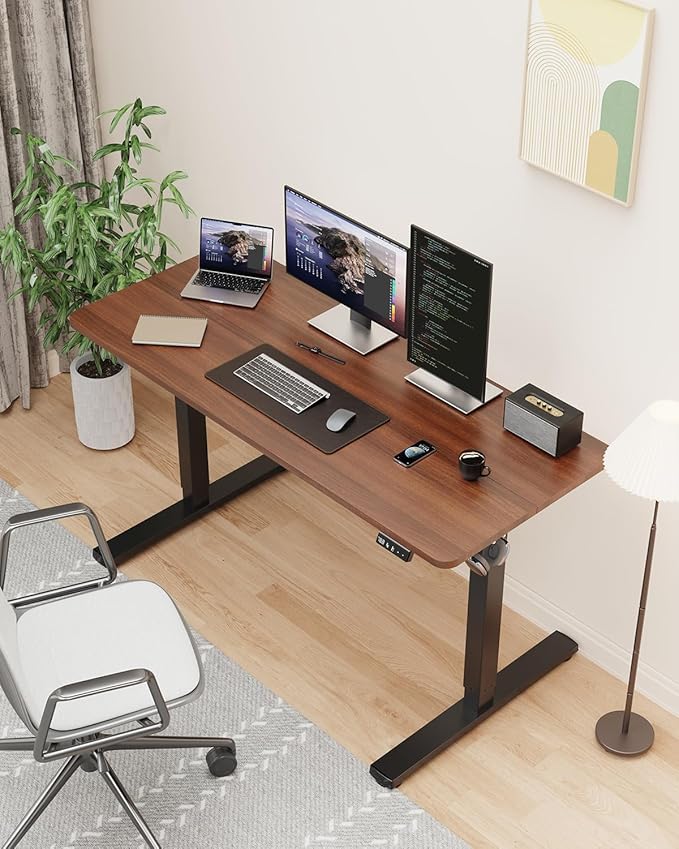 Electric Standing Desk, Large Height Adjustable Stand up Desk, 48 x 24 Inches Sit Stand Home Office Desk, with Splice Board, Black Frame/Walnut Top