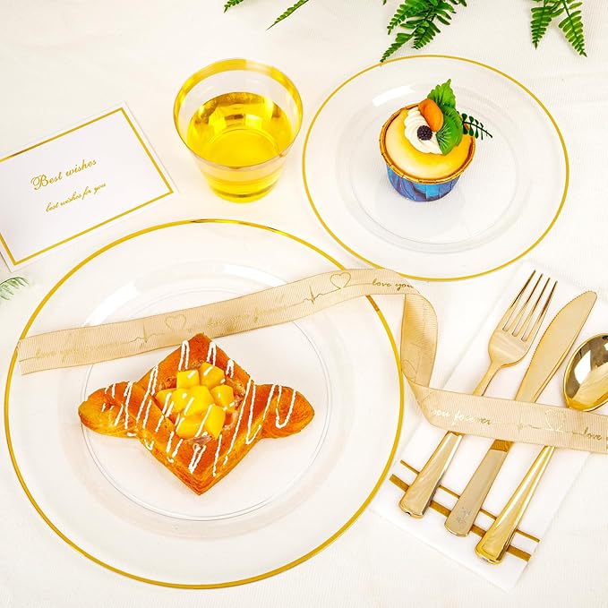 SUT 350Pcs Plastic Dinnerware Set for 50 Guests, Clear and Gold Plastic Plates, Disposable Plates and Napkins Party Supplies, Gold Silverware, Plates, Cups and Napkins Sets for Party Weddings