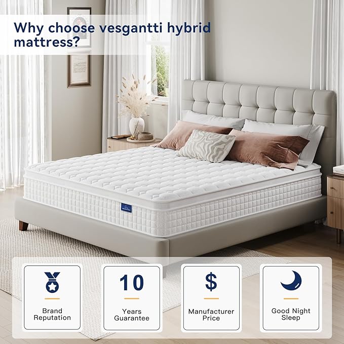 Vesgantti 10 Inch Twin XL Multilayer Hybrid Mattress - Multiple Sizes & Styles Available, Ergonomic Design with Memory Foam and Pocket Spring, Medium Firm Feel, White