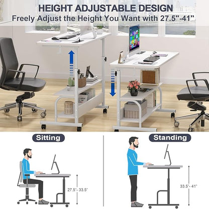 Armocity Height Adjustable Standing Desk with Power Outlets, 39" Manual Stand Up Desk with Storage Shelves Small Mobile Rolling Computer Desk Portable Laptop Table with Wheels for Home Office, White