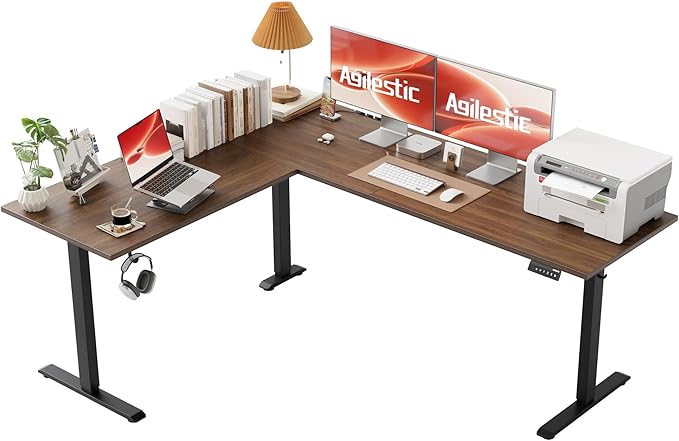 Agilestic L-Shaped Standing Desk Adjustable Height, Electric Corner Standing Desk, Sit Stand Up Desk, 75x61 inch Sit Stand Computer Table, Dark Walnut