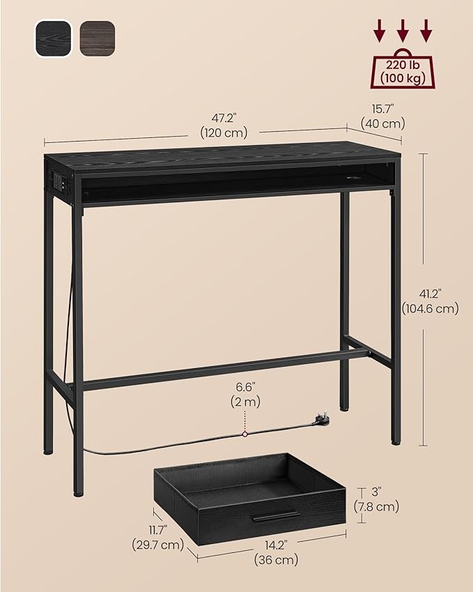 VASAGLE Bar Table with Power Outlets, 47.2 Inches Long Bar Height Pub Table, Rectangular High Top, with Movable Drawer, 2 Hooks, Narrow Storage for Kitchen, Dining, Entryway, Ebony Black