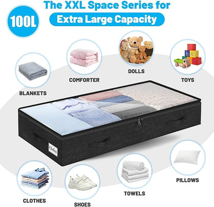 4 Pack 100L Under Bed Storage Containers, Low Profile Closet Organizers and Storage Bins for Dorm, Foldable Underbed Bag for Clothes, Blanket, Sheet, Wrapping Paper, Clear Window & Dual Zippers, Black