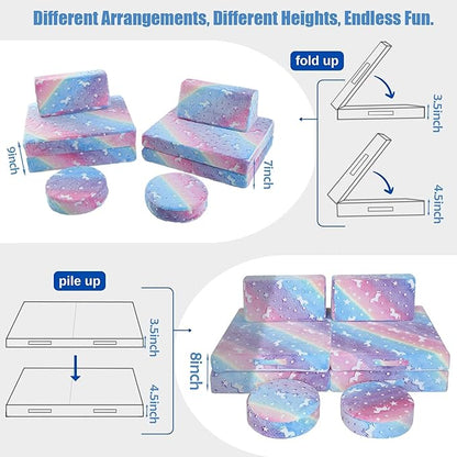 MeMoreCool Modular Glow Sofa for Kids, 8-Piece Convertible Foam Couch Play Set with Unicorn, Rainbow, and Star Pattern for Toddlers and Playroom