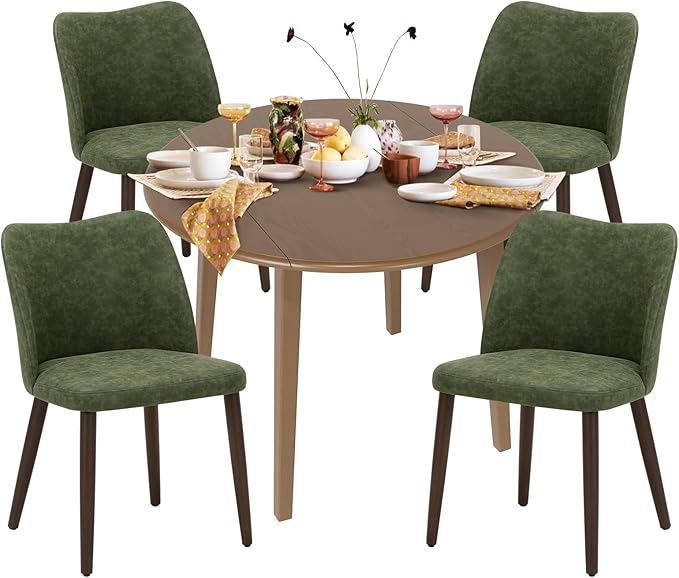 COLAMY 5-Piece Extendable Dining Table Set for 4, 36" Kitchen Round Wood Table with 4 Wooden Dining Room Chairs,Light Brown/Green
